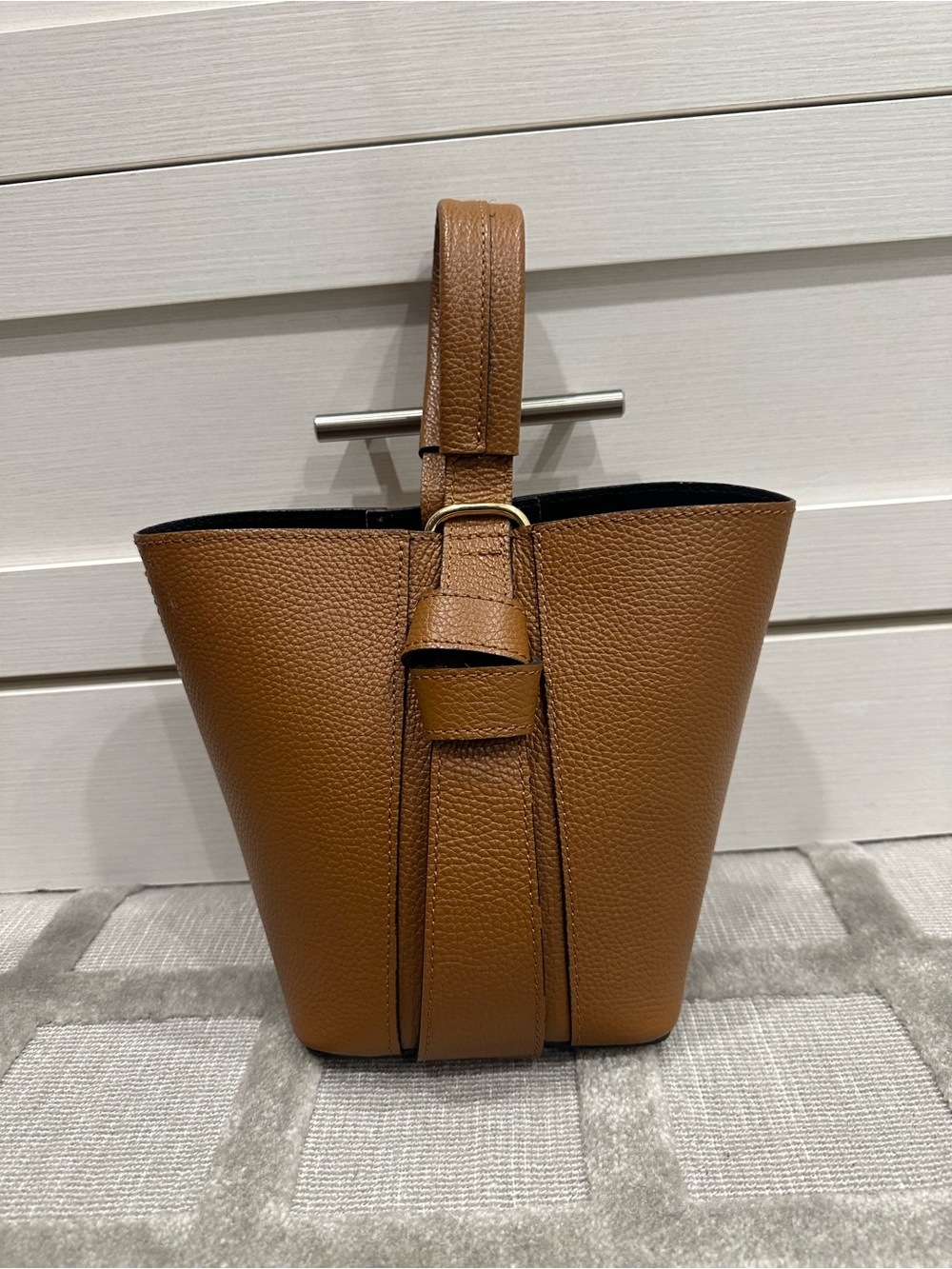 Genuine Leather Tan Bucket Bag - Women's Handbag ( with pouch and cross strap)